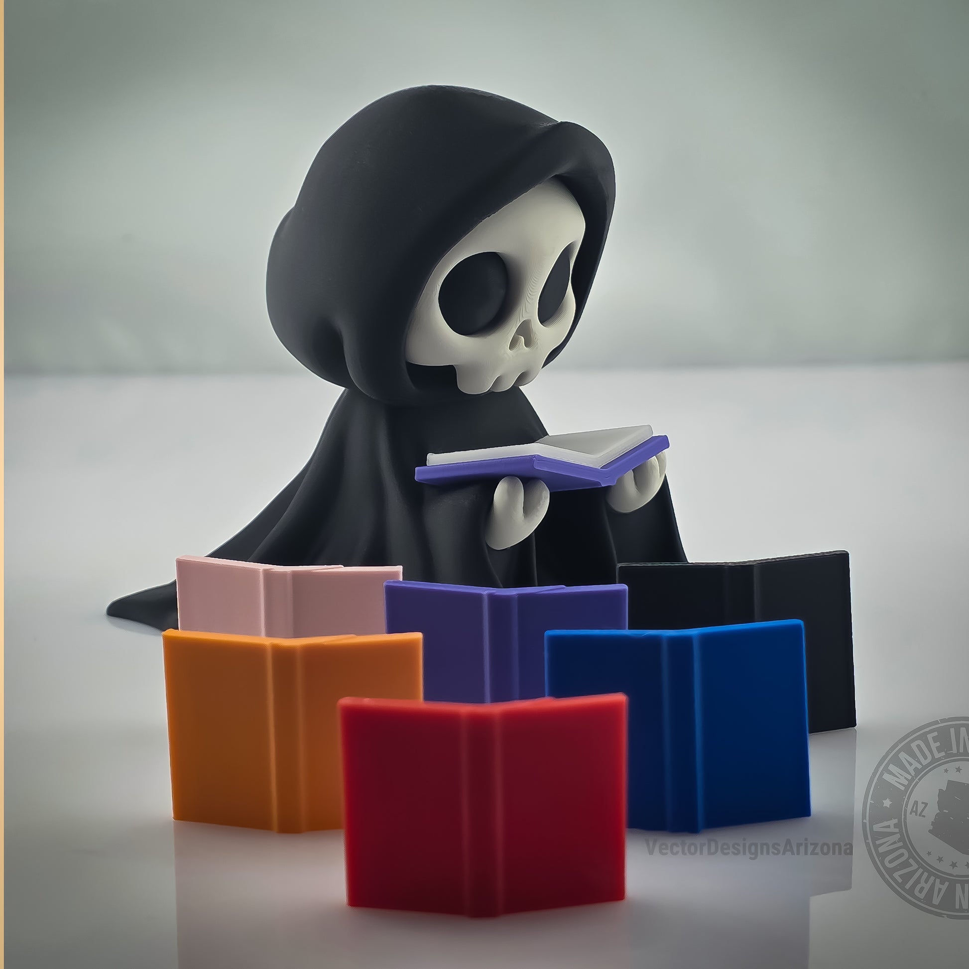 Grim reaper figurine holding book with several colorful replacement books arranged in front.