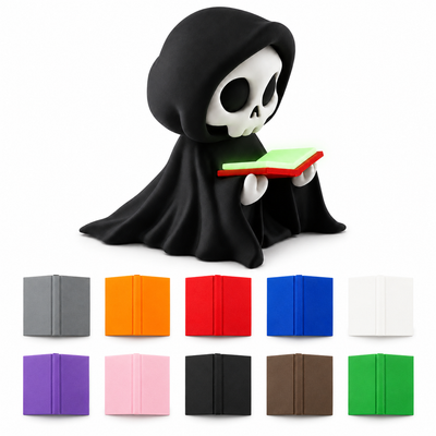 Grim Reader figurine with colorful interchangeable book options on white background.