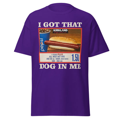 Purple T-shirt with hot dog combo sign and I Got That Dog In Me slogan.