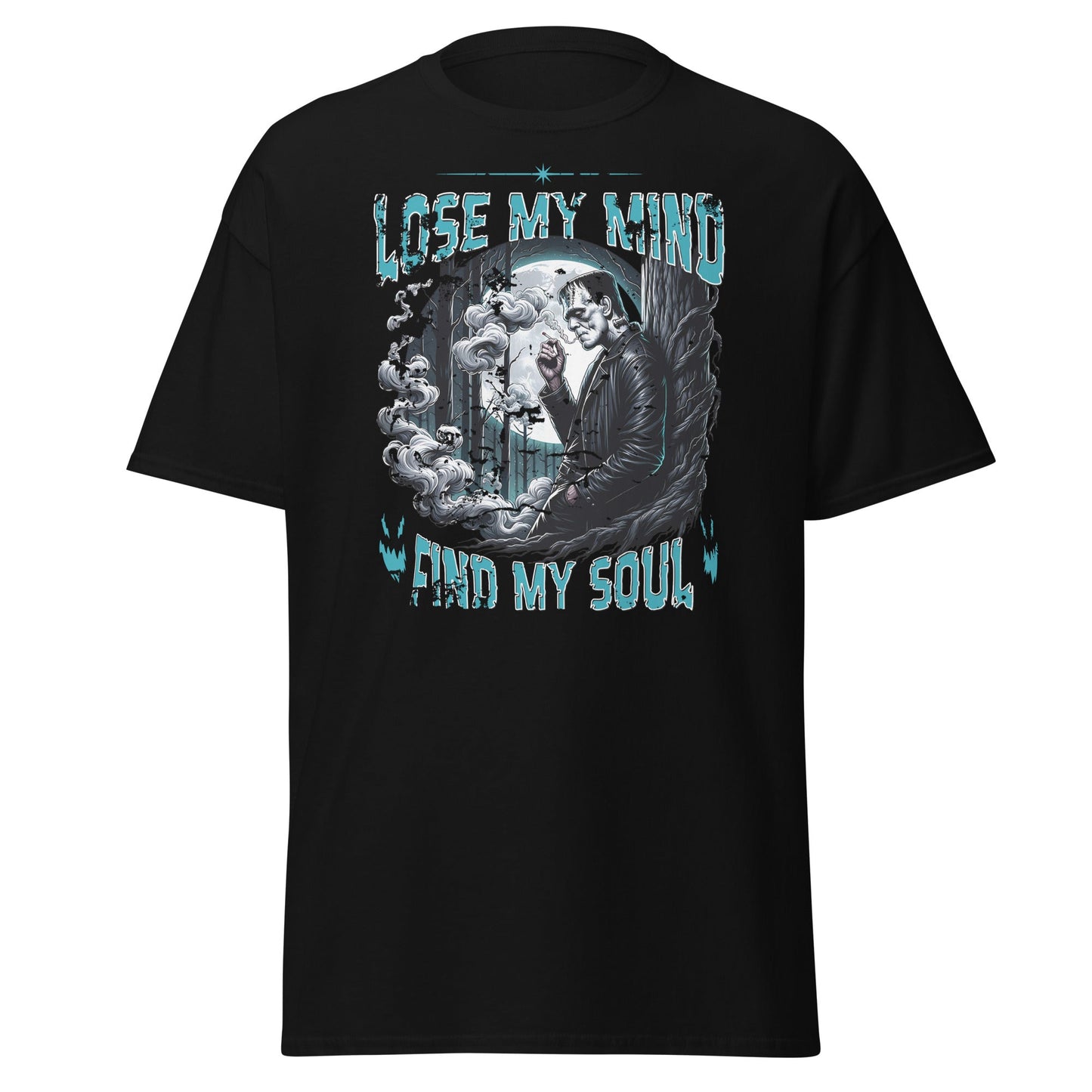 Black T-shirt with Lose My Mind Find My Soul eerie moonlit graphic, front view.