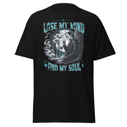 Black T-shirt with Lose My Mind Find My Soul eerie moonlit graphic, front view.