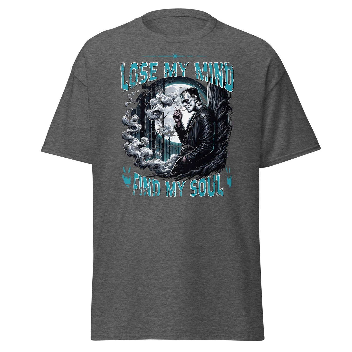 Dark heather T-shirt with Lose My Mind Find My Soul eerie moonlit graphic, front view.