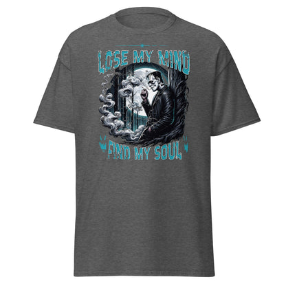 Dark heather T-shirt with Lose My Mind Find My Soul eerie moonlit graphic, front view.