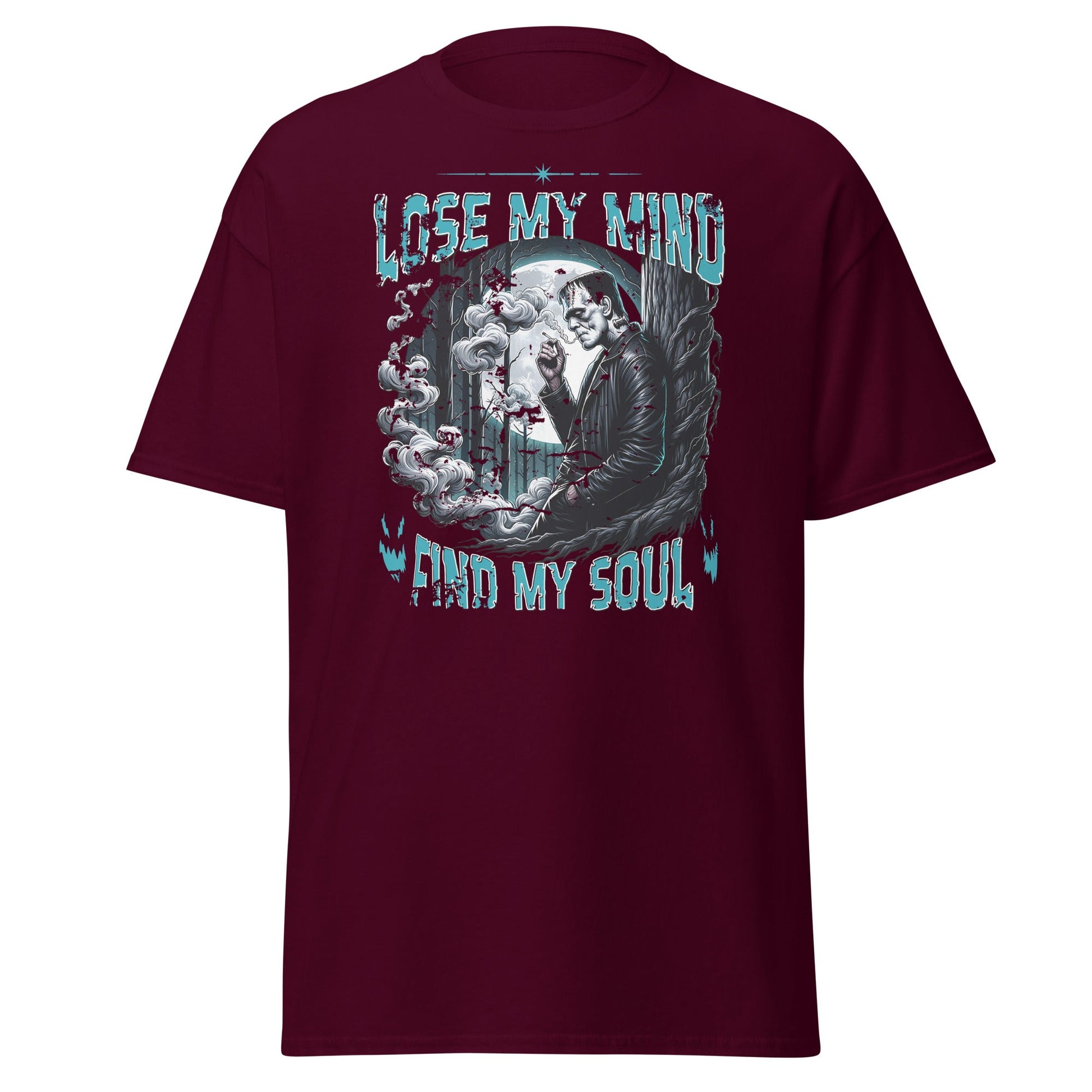 Maroon T-shirt with Lose My Mind Find My Soul eerie moonlit graphic, front view.