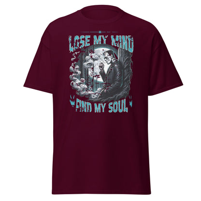 Maroon T-shirt with Lose My Mind Find My Soul eerie moonlit graphic, front view.