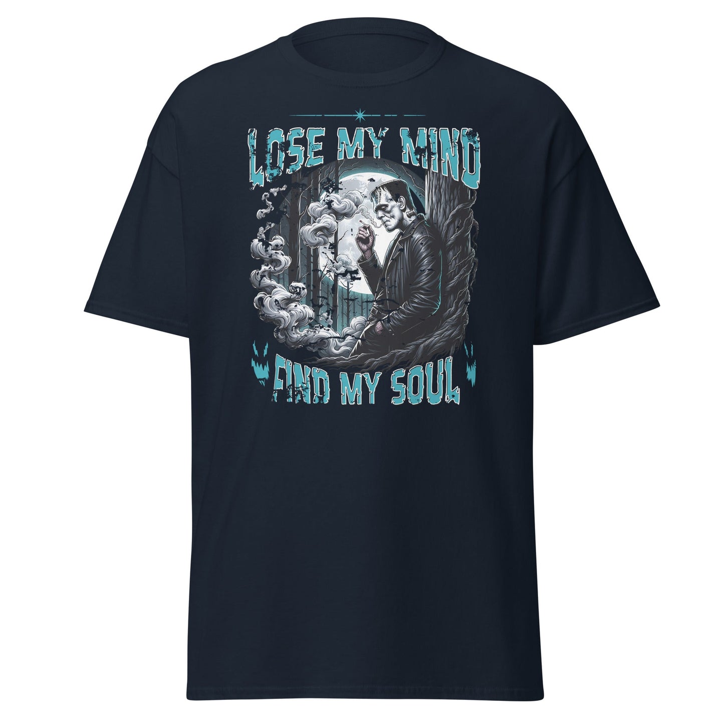 Navy T-shirt with Lose My Mind Find My Soul eerie moonlit graphic, front view.