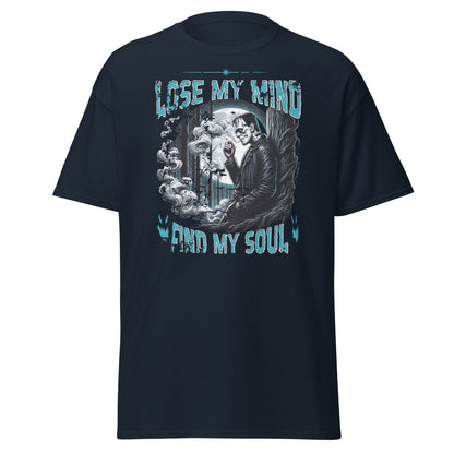 Navy T-shirt with Lose My Mind Find My Soul eerie moonlit graphic, front view.