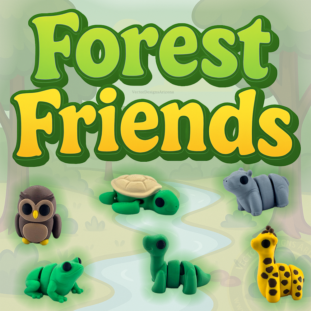 Forest Friends title above several mini flexy forest animal toys on cartoon forest background.