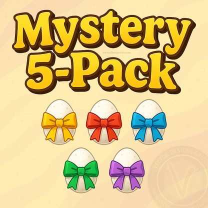 Mystery 5-Pack title above five cartoon eggs with colorful bows on beige background.