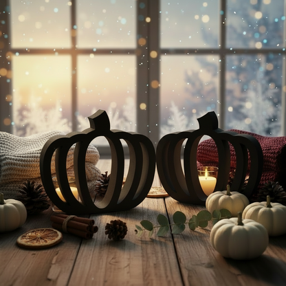Pair of minimalist black pumpkin lanterns on cozy fall table with candles and gourds.
