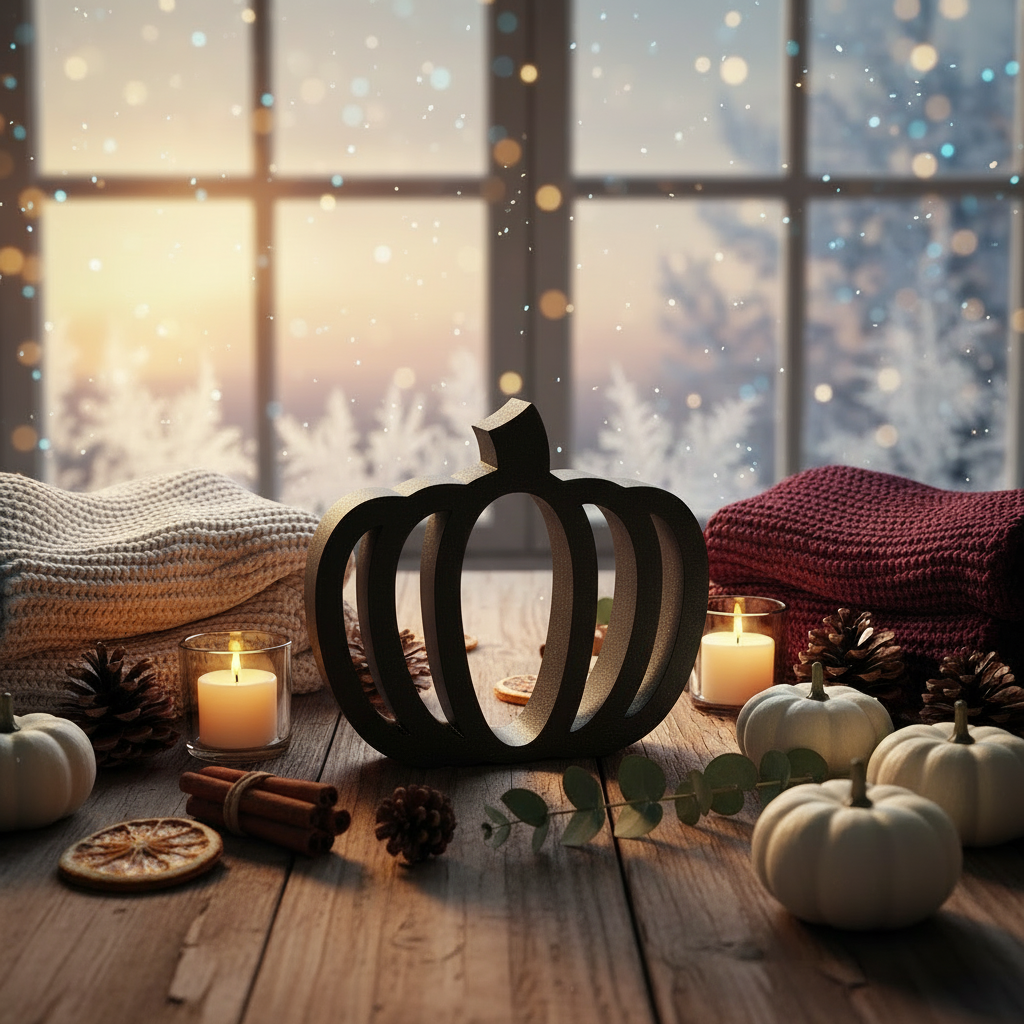 Single minimalist black pumpkin lantern on cozy fall table with candles and mini pumpkins.