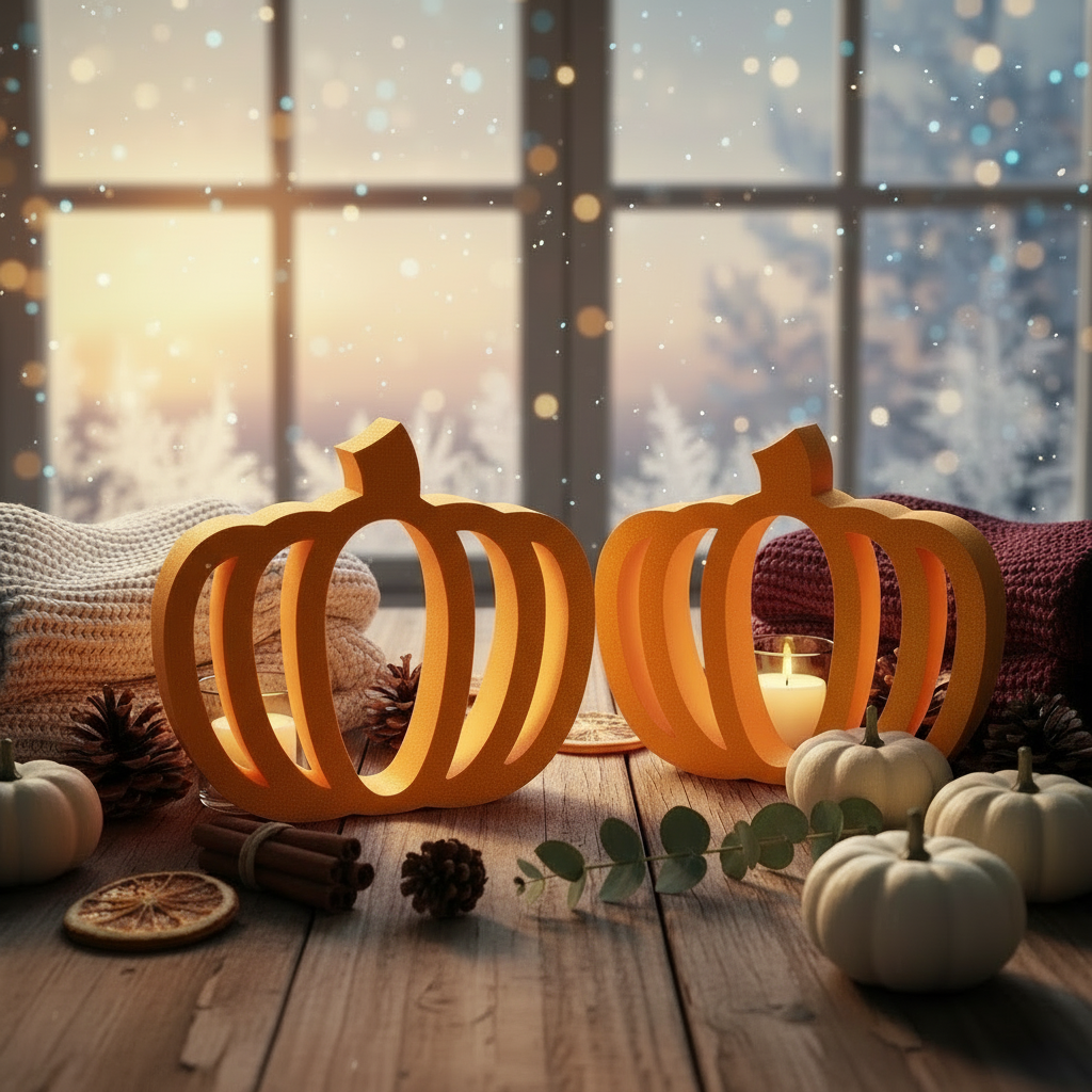 Pair of minimalist orange pumpkin lanterns on cozy fall table with candles and gourds.