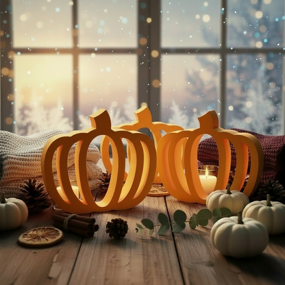 Three minimalist orange pumpkin lanterns on rustic table with candles and fall accents.