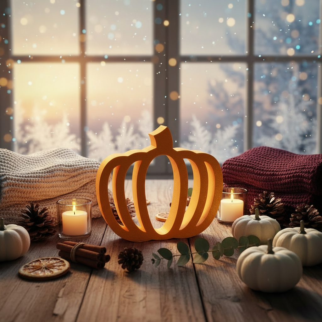 Single minimalist orange pumpkin lantern on cozy fall table with candles and mini pumpkins.