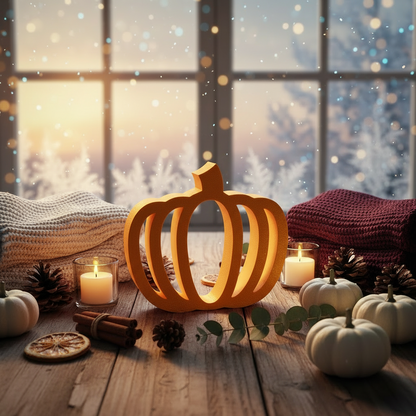 Single minimalist orange pumpkin lantern on cozy fall table with candles and mini pumpkins.