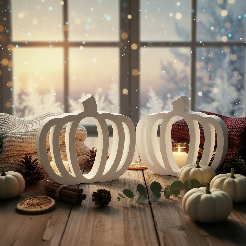 Pair of minimalist white pumpkin lanterns on cozy fall table by window.