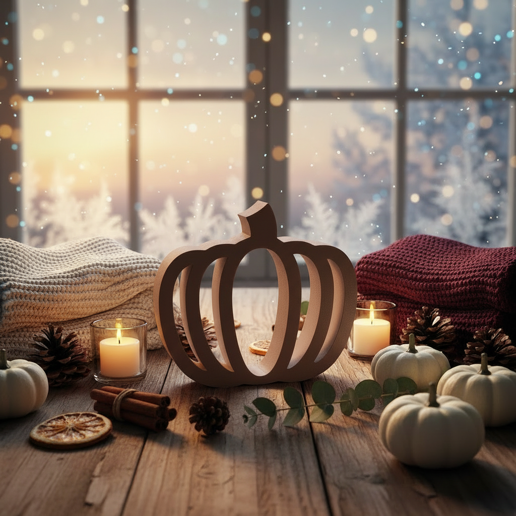 Single minimalist pumpkin lantern on cozy fall table with candles and mini pumpkins.
