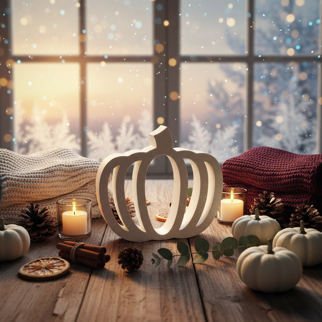 Single minimalist white pumpkin lantern on cozy fall table with candles and mini pumpkins.