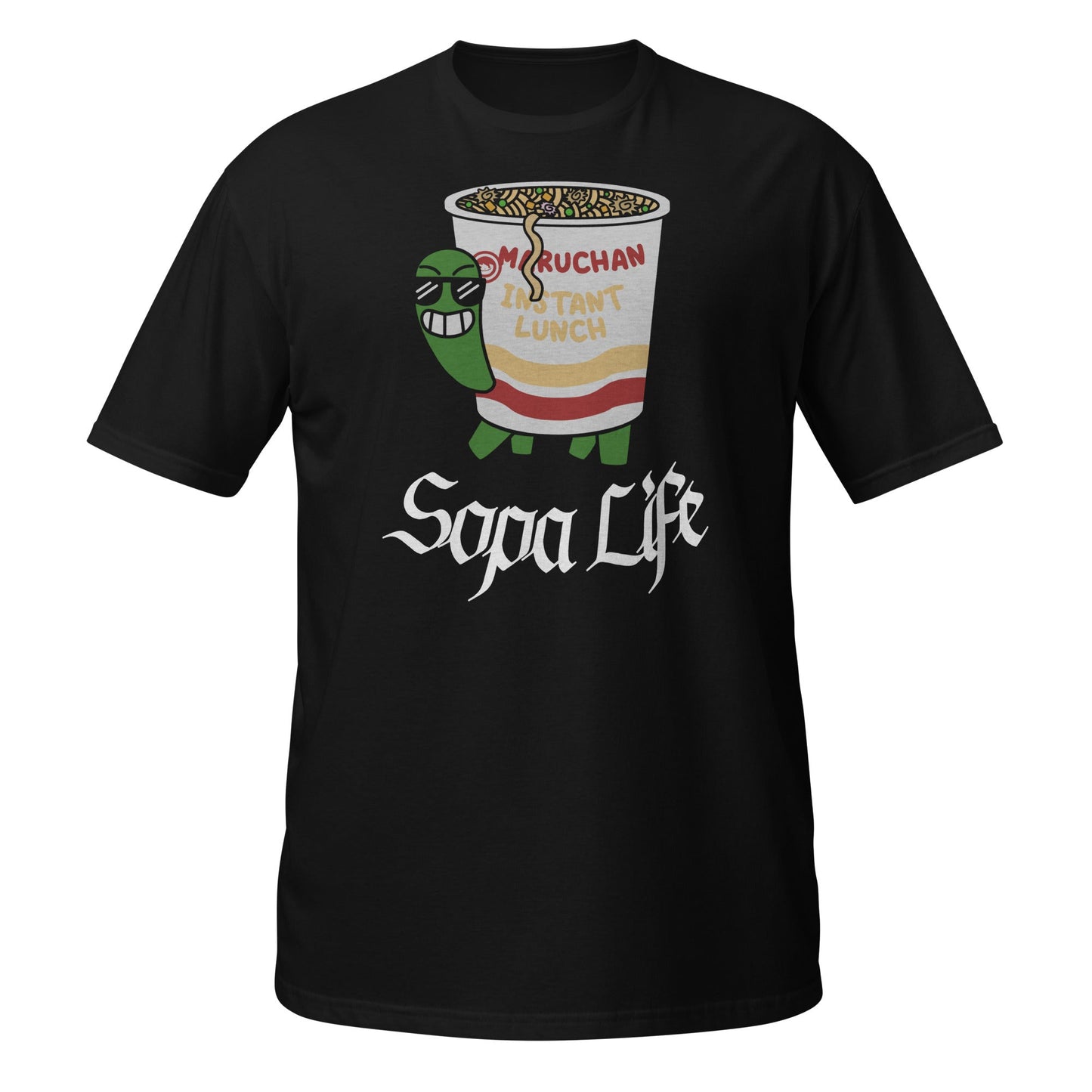 Black Sopa Life ramen turtle T-shirt with cartoon noodle cup design on white background.
