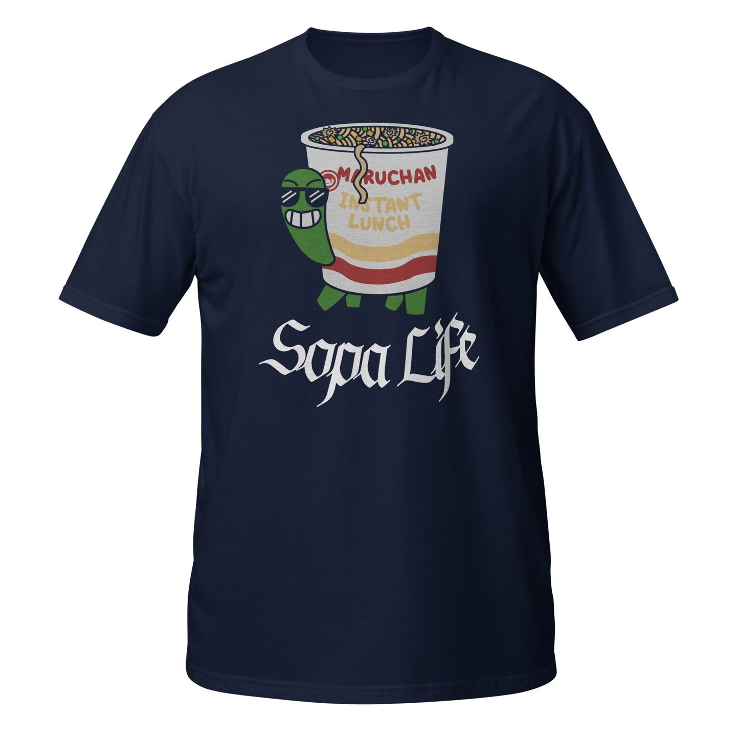 Navy Sopa Life ramen turtle T-shirt with cartoon noodle cup graphic.