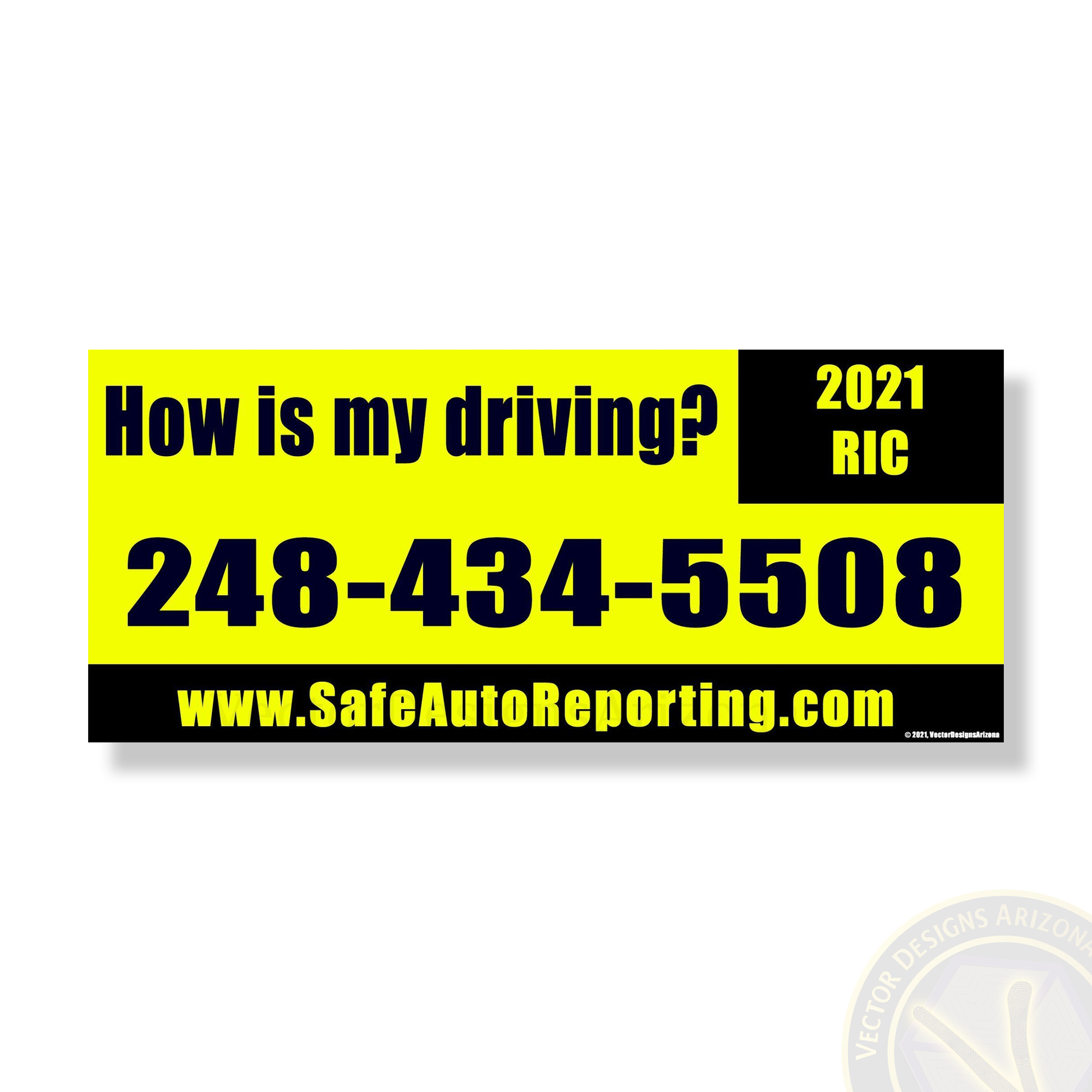 Yellow “How is my driving?” novelty bumper sticker centered on white background.
