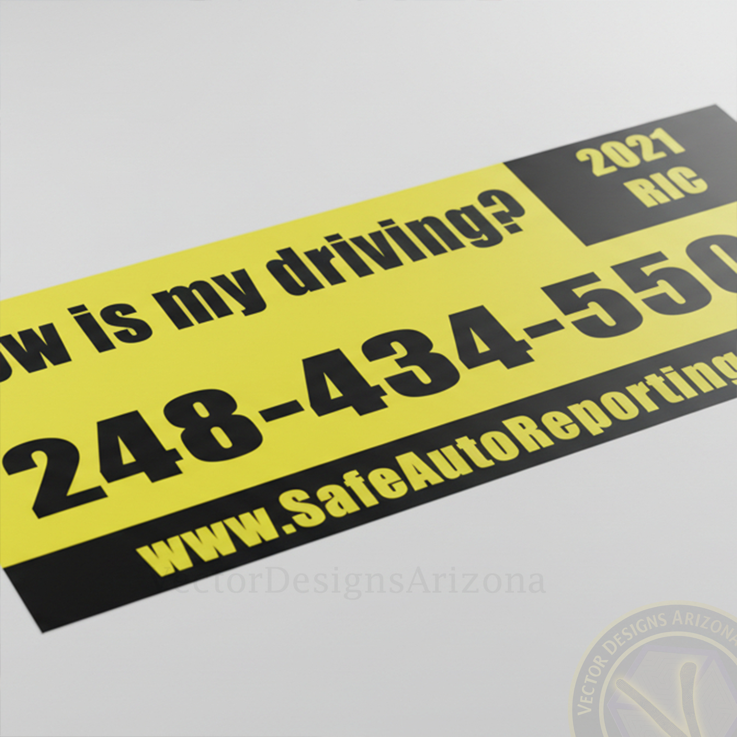 Yellow “How is my driving?” bumper sticker mockup on light background.