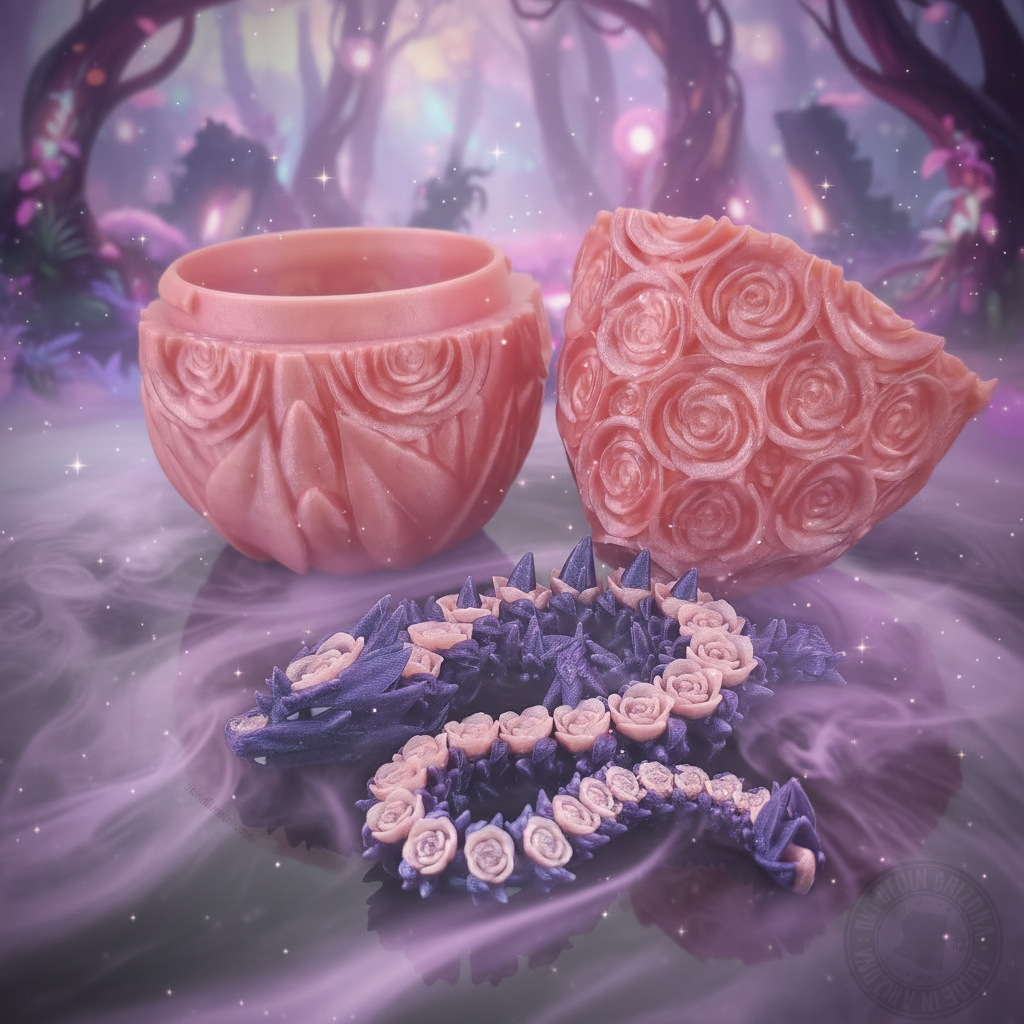 Purple rose dragon flexi figurine and pink rose egg in magical misty forest scene.