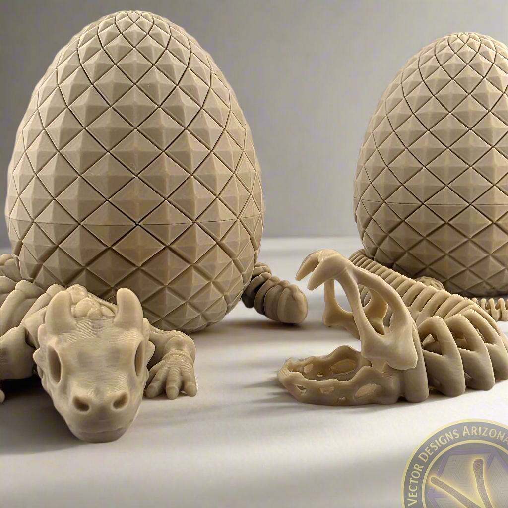 Textured dragon eggs with flexy dragon and skeleton figures posed on light surface.