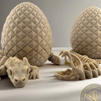 Textured dragon eggs with flexy dragon and skeleton figures posed on light surface.
