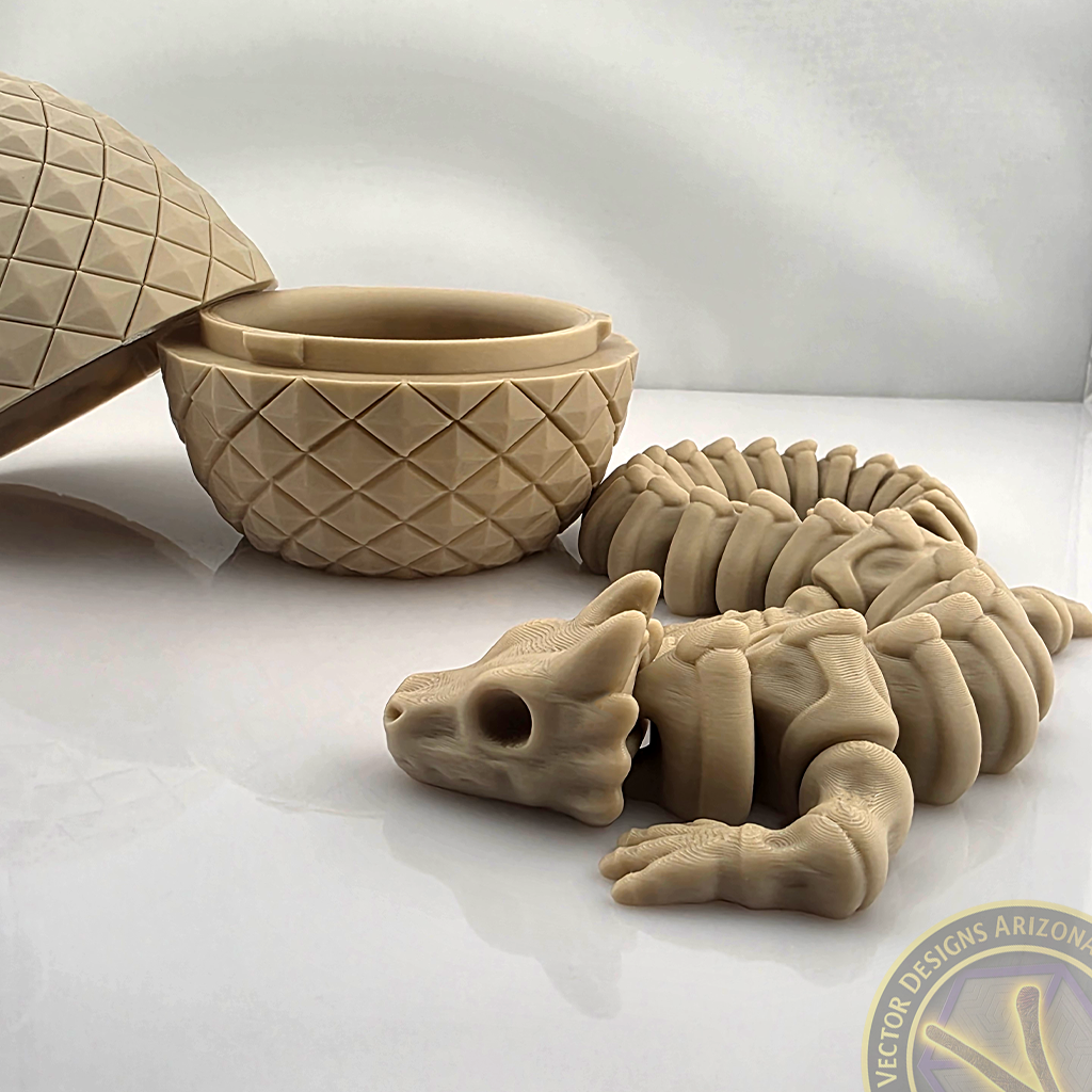 Flexy skeleton dragon lying in front of open textured egg on glossy surface.