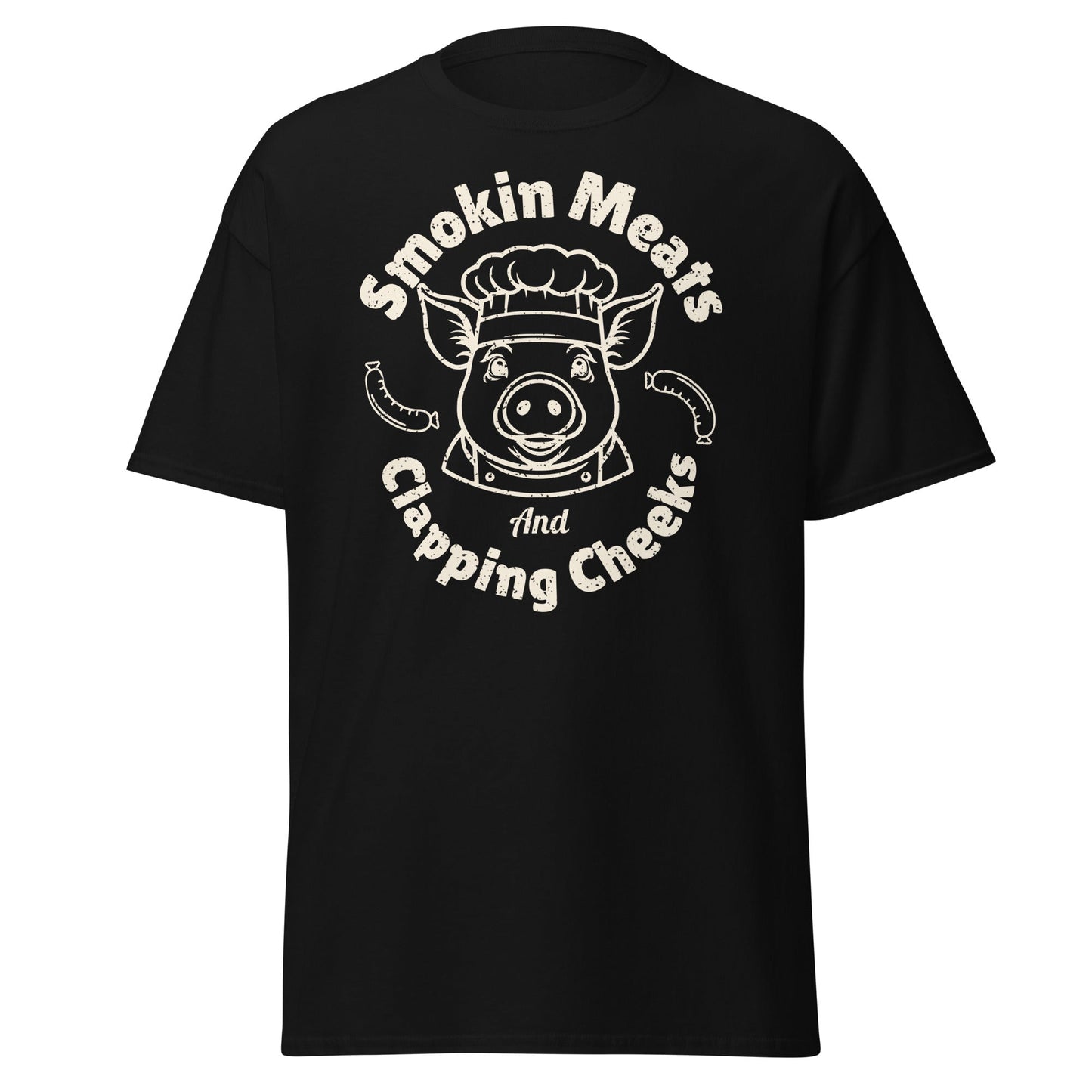 Black Smokin Meats pig chef barbecue T-shirt displayed on plain white background.