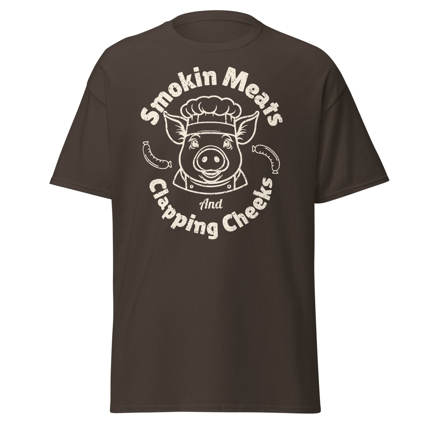 Brown Smokin Meats pig chef barbecue T-shirt on plain white background.