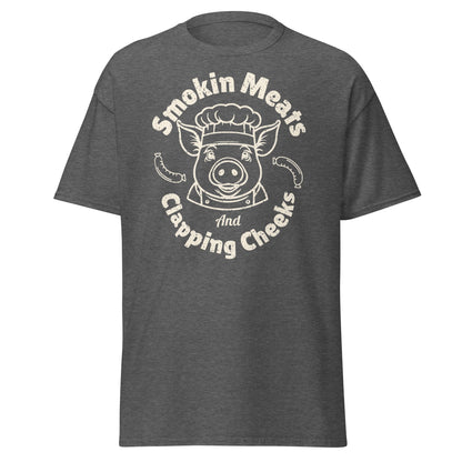 Dark heather Smokin Meats pig chef barbecue T-shirt on plain white background.