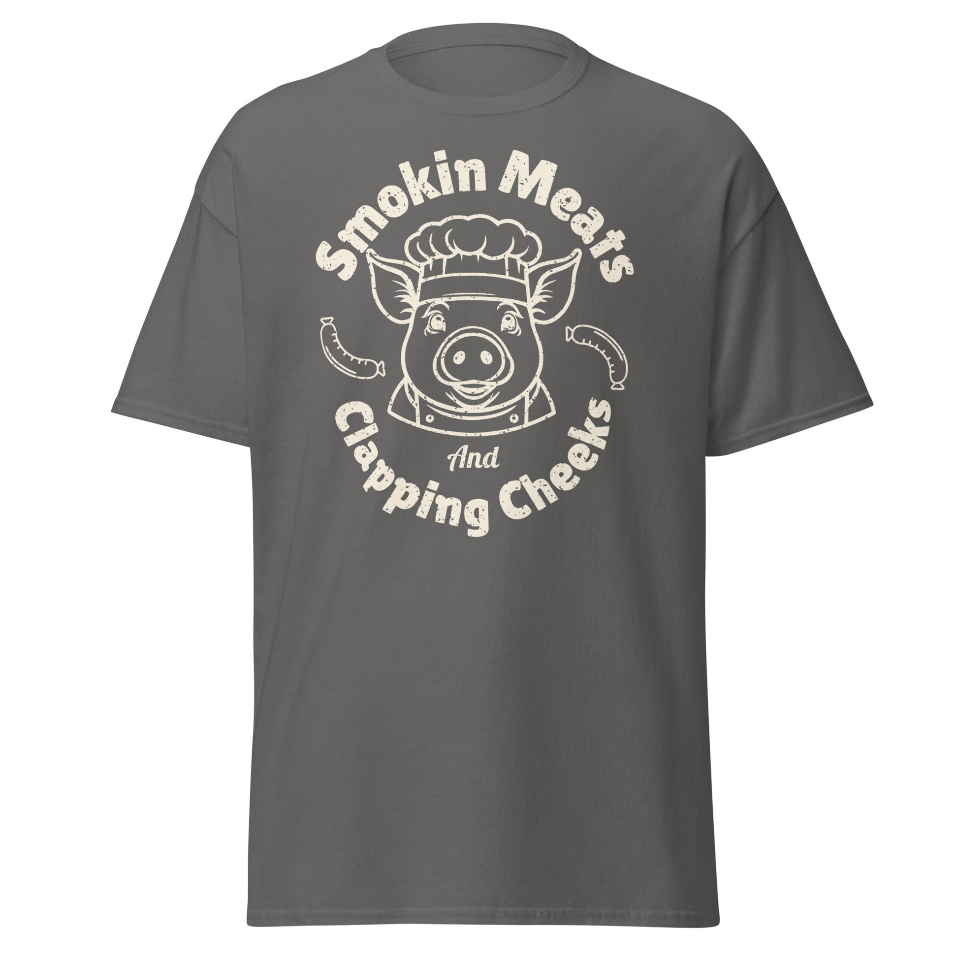 Gray Smokin Meats pig chef barbecue T-shirt on clean white background.