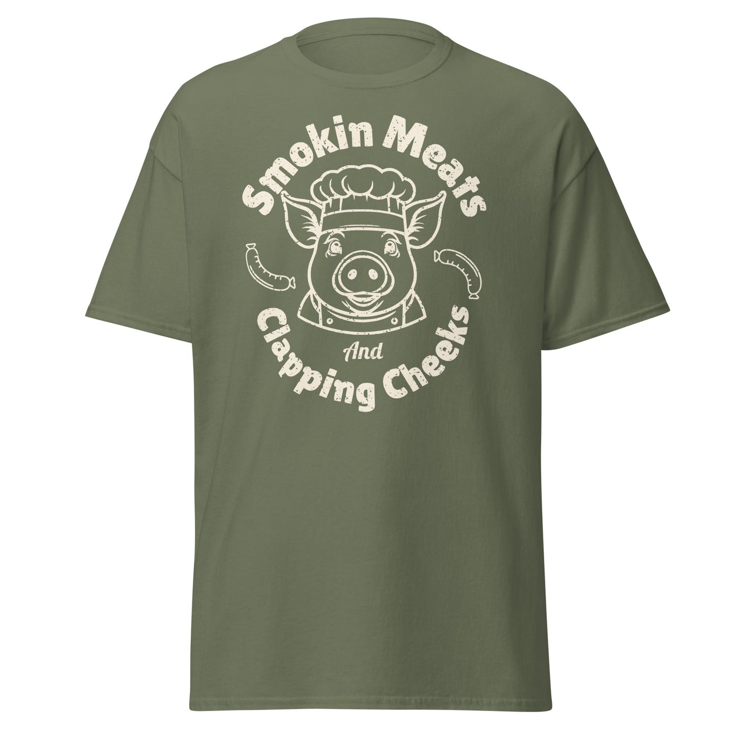 Military green Smokin Meats pig chef barbecue T-shirt on plain white background.