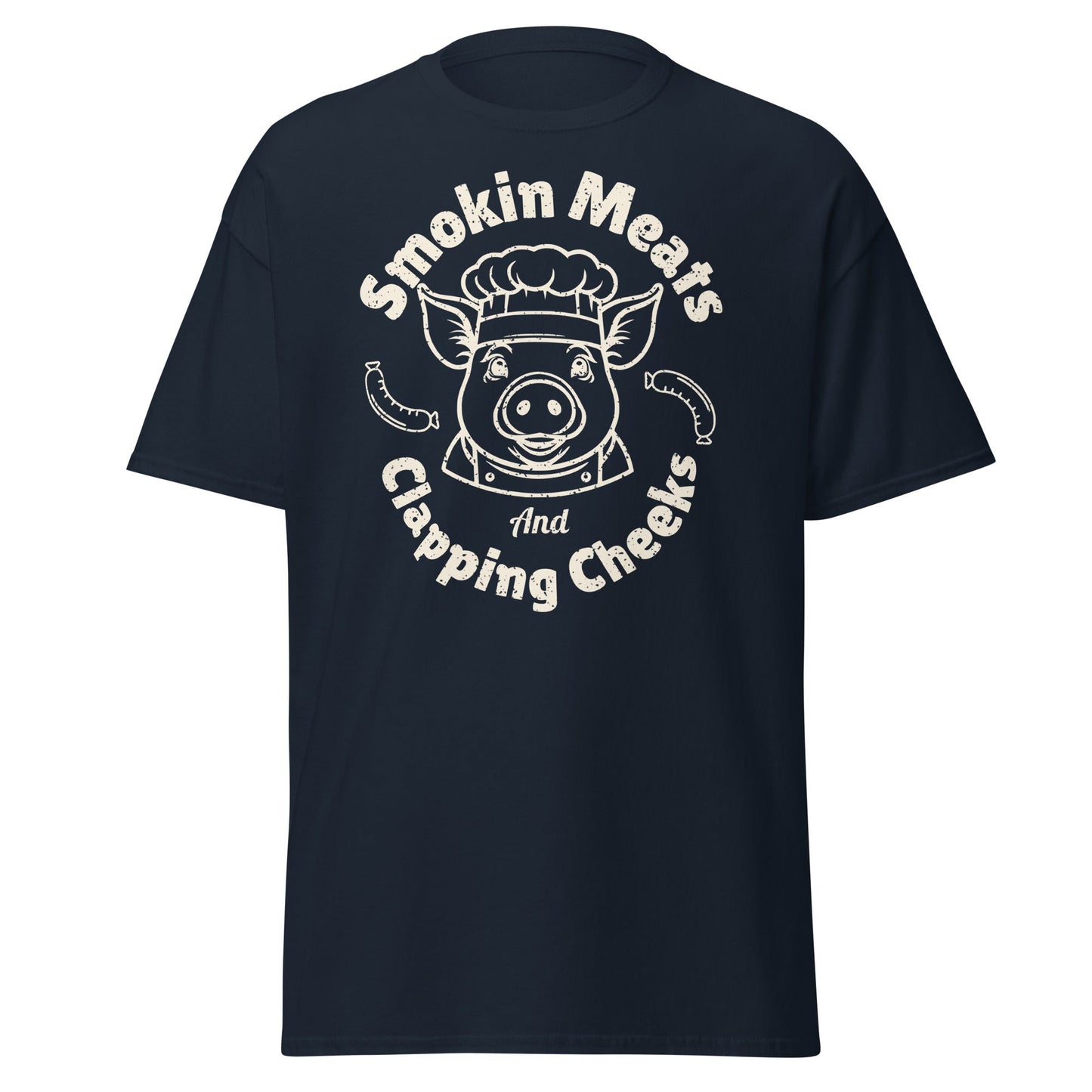 Navy Smokin Meats pig chef barbecue T-shirt on plain white background.