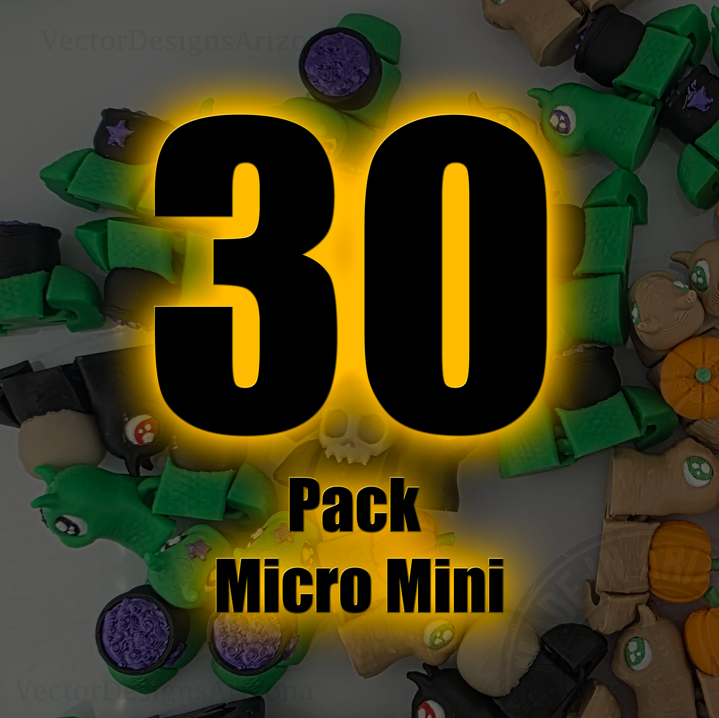 Graphic reading “30 Pack Micro Mini” over collage of colorful spooky snail figurines.