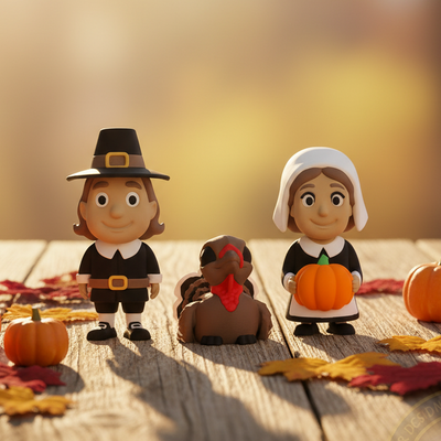Thanksgiving flexy fidget set—3D-printed Pilgrim pair and 1.6-inch turkey on rustic wood with fall leaves in warm light.