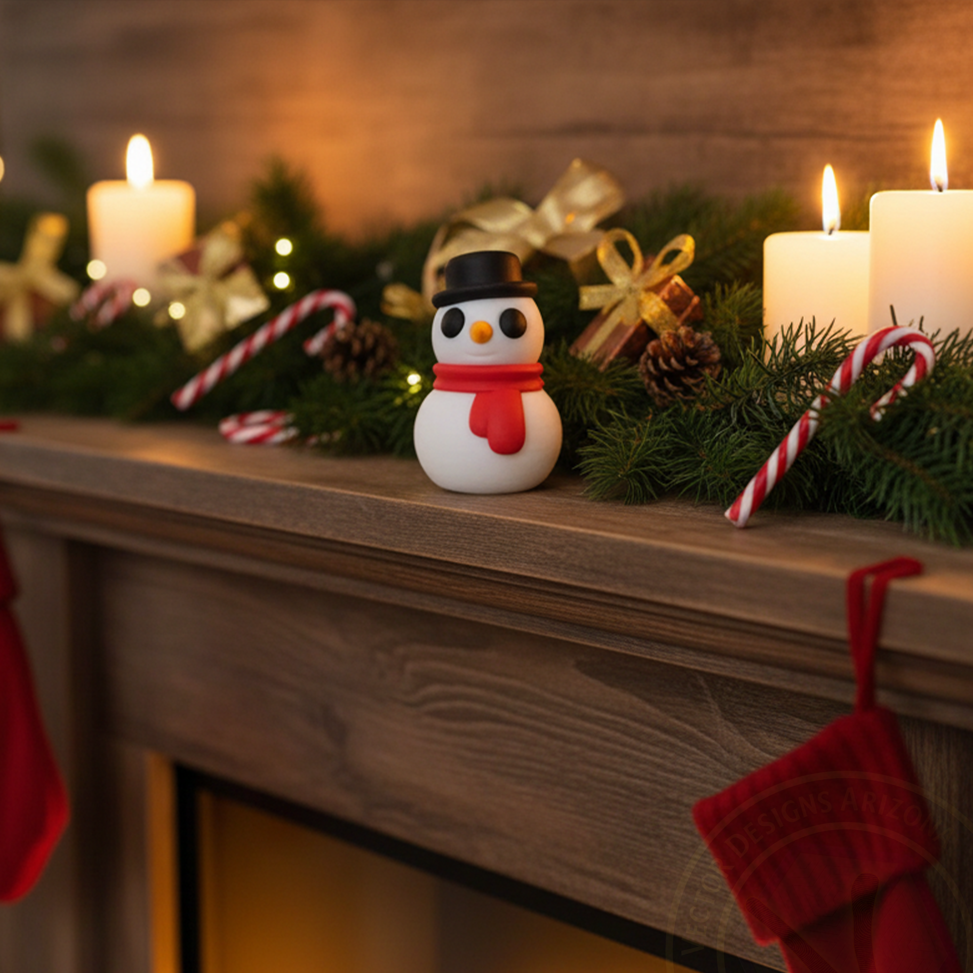 Tiny winter snowman figurine on decorated Christmas mantel with candles and garland.