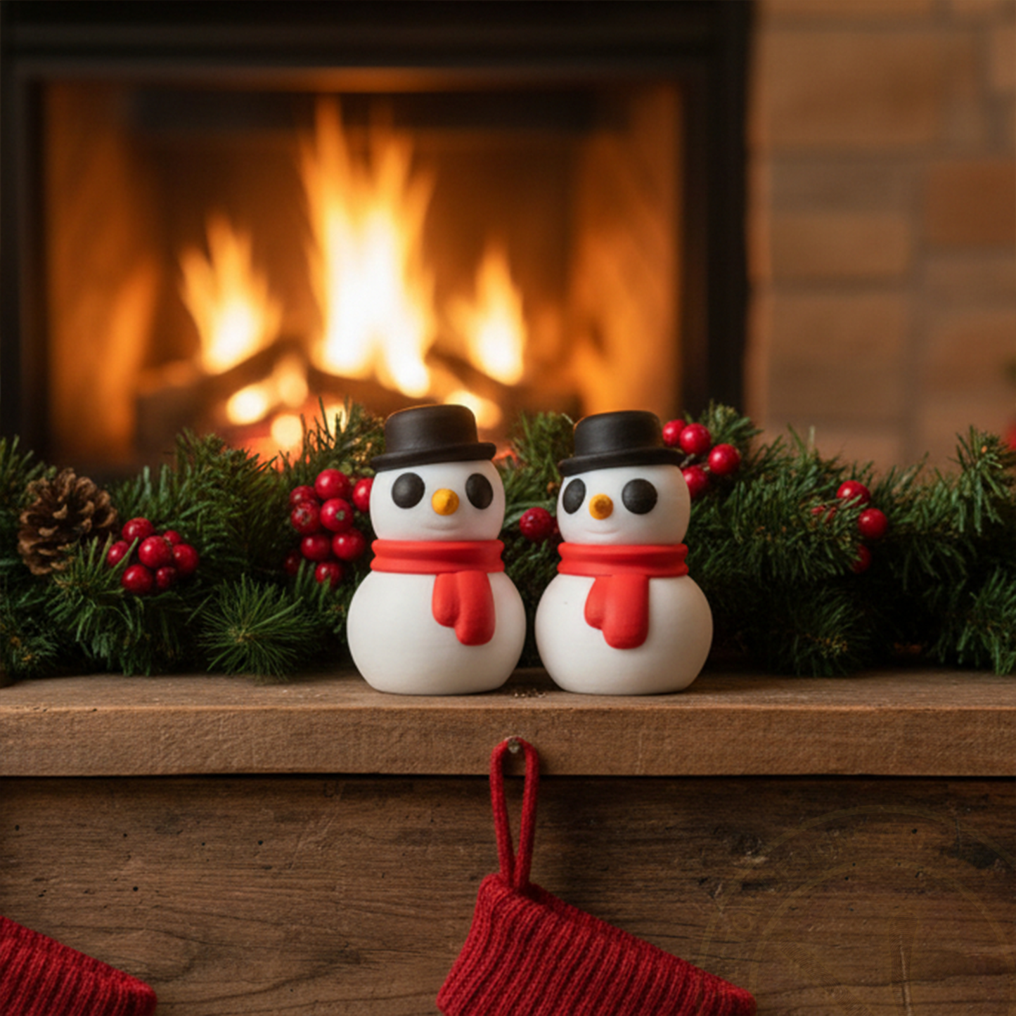 Two tiny winter snowmen figurines on garlanded mantel in front of fireplace.