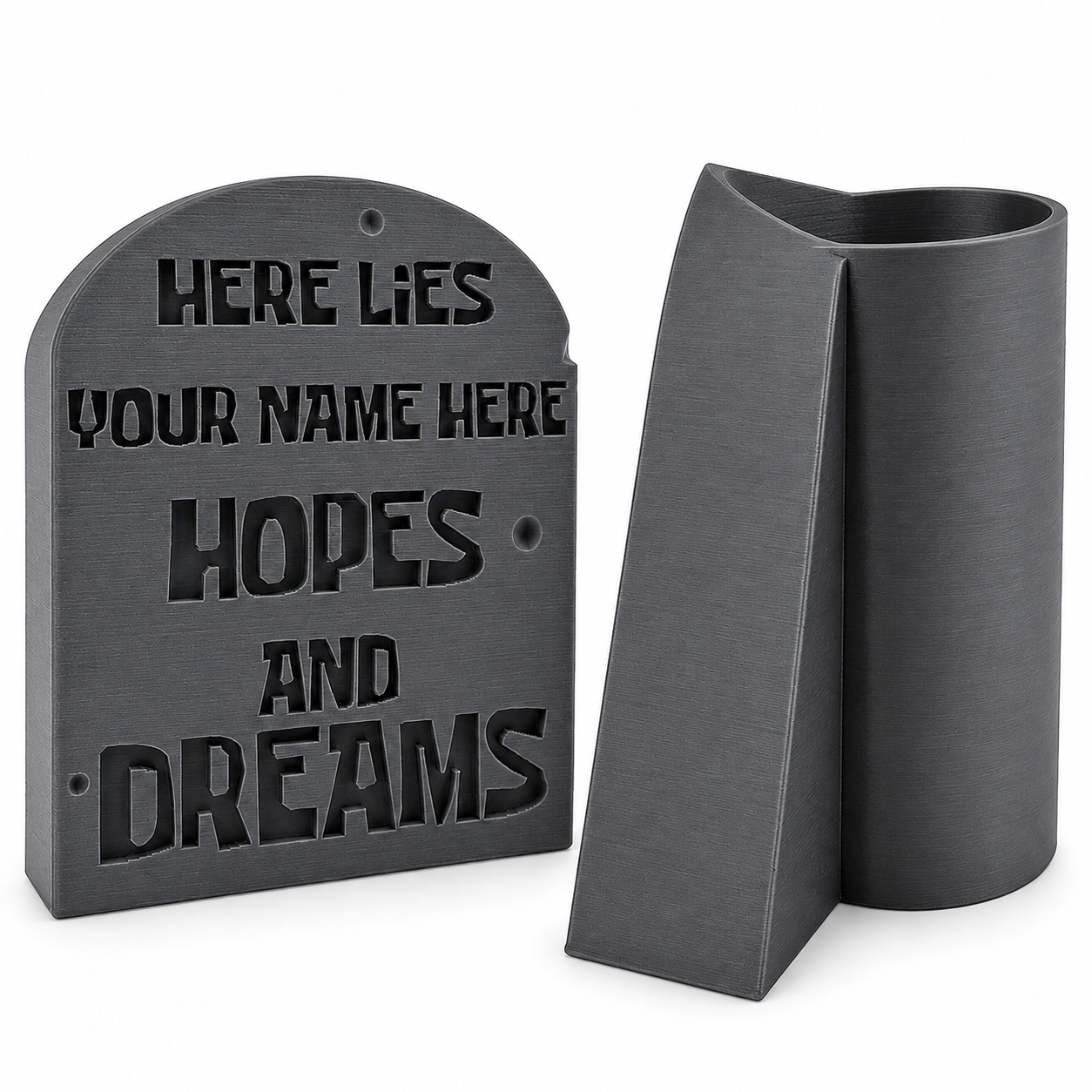 Gray tombstone desk sign with matching pencil holder on white background.