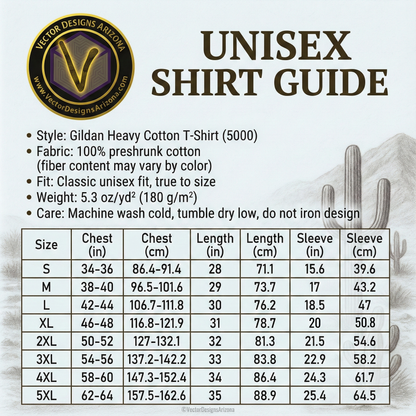 Unisex T-shirt size chart with measurements table and cactus illustration background.