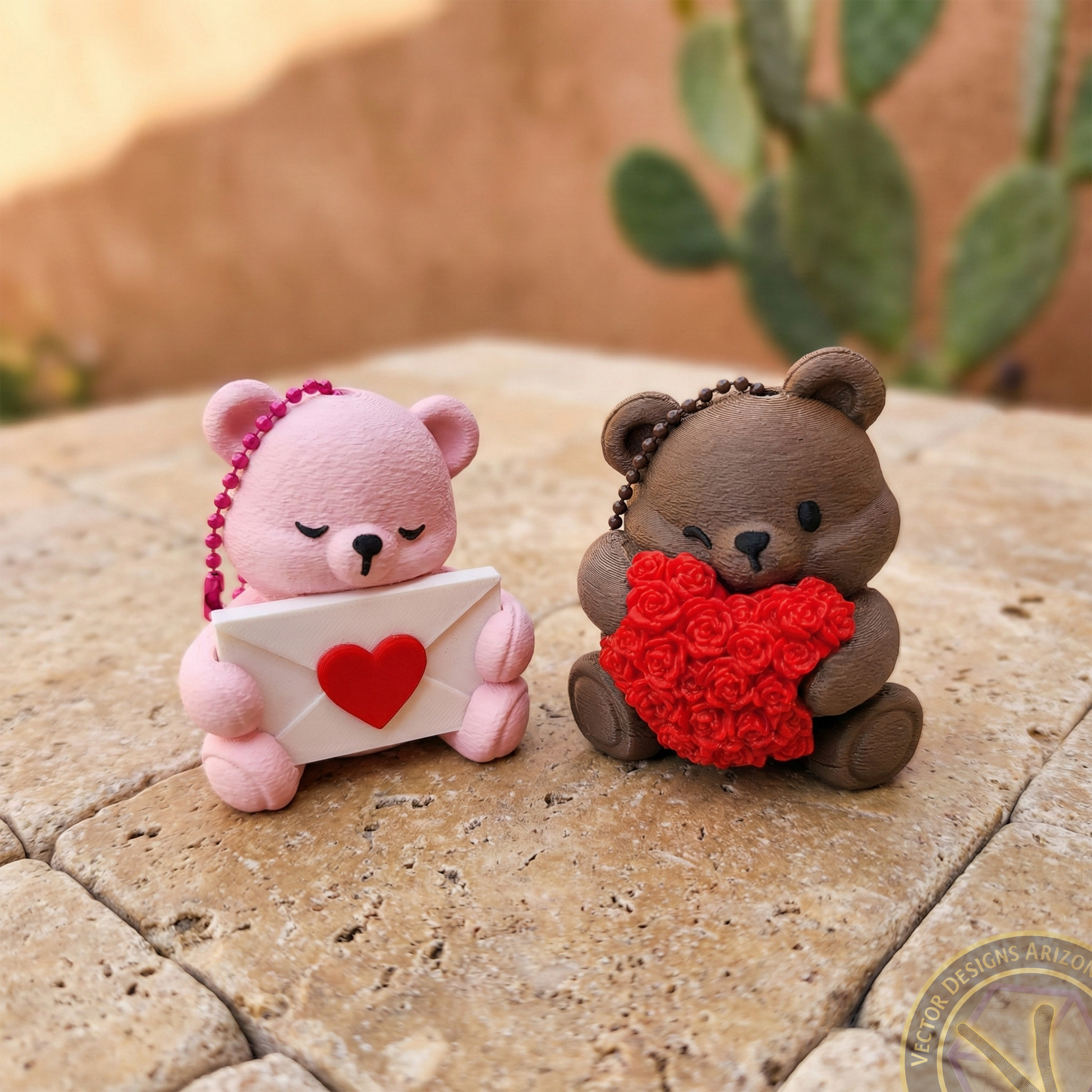 Two 3D printed teddy bear bag charms, perfect as a couple's backpack clip set or Valentine keychain gift, styled on a stone patio in Tucson.