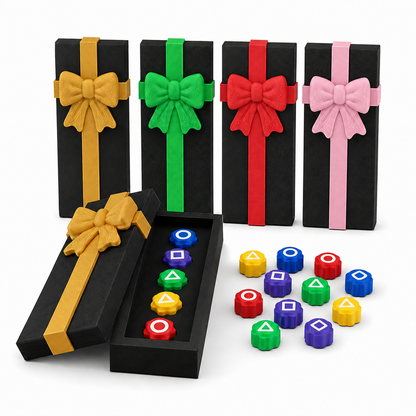 Weighted gonggi set with colorful pieces and black coffin storage cases.