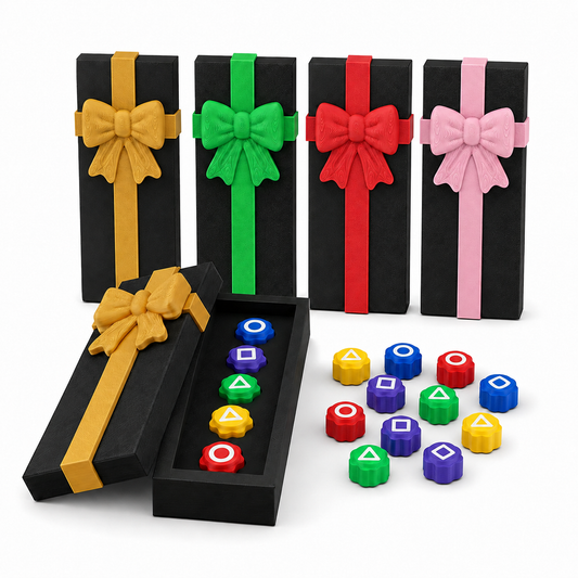 Weighted gonggi set with colorful pieces and black coffin storage cases.