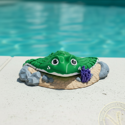 Vibrant green 3D printed articulated stingray toy on a sand display base, photographed by a pool.