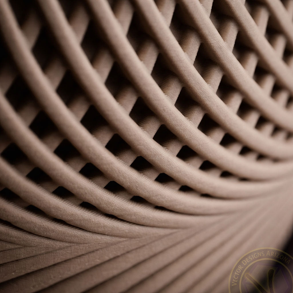 Close-up detail of the woven lattice texture on a modern 3D printed planter in a neutral beige finish.